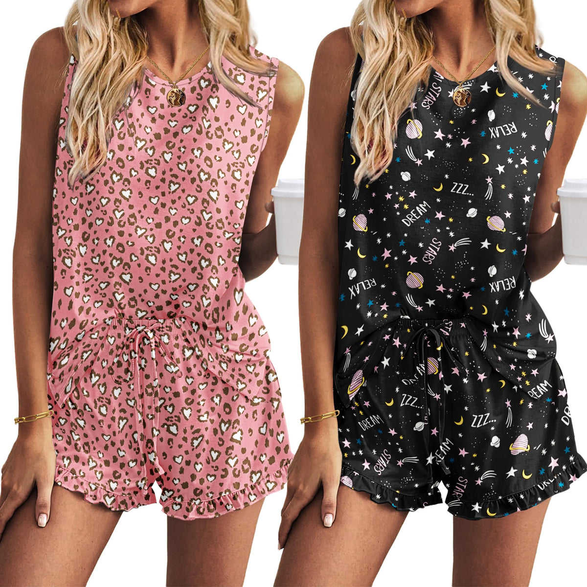 Ekouaer Women Lightweight Summer Pajama Soft Pj Set Sleepwear Tank Top Shorts with Pocket Loungewear Set S-XXL