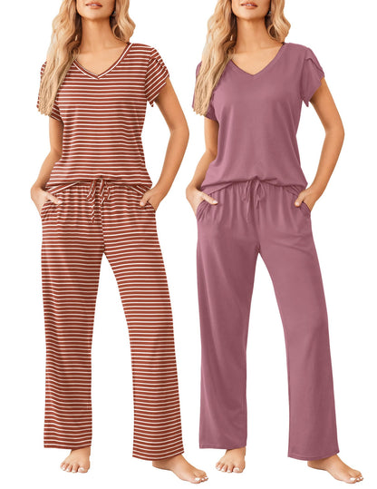 Ekouaer 2 Pack Womens Pajama Set Short Sleeve Sleepwear Soft Pjs Lounge Set