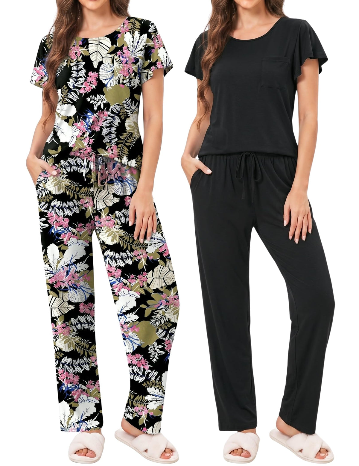 Ekouaer Pajamas for Women Set 2 Piece Comfy Loungewear, Lightweight Pjs Sleepwear, Short Sleeve Top & Long Pants with Pockets
