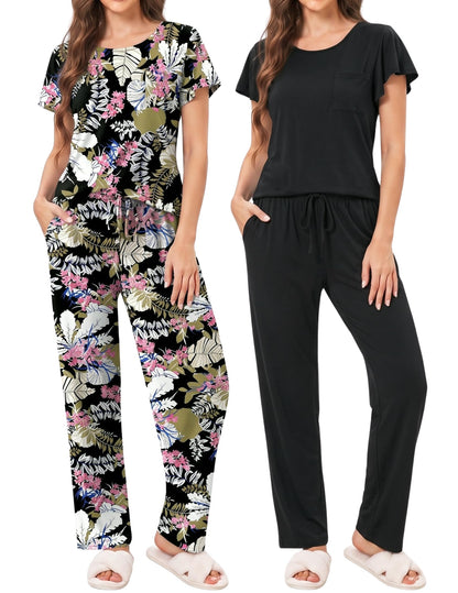 Ekouaer Pajamas for Women Set 2 Piece Comfy Loungewear, Lightweight Pjs Sleepwear, Short Sleeve Top & Long Pants with Pockets