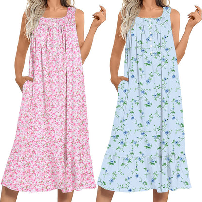 Ekouaer 2 Pack Nightgowns for Women Sleeveless Long Night Gowns Victorian Nightdress with Pockets Soft Ladies Gown