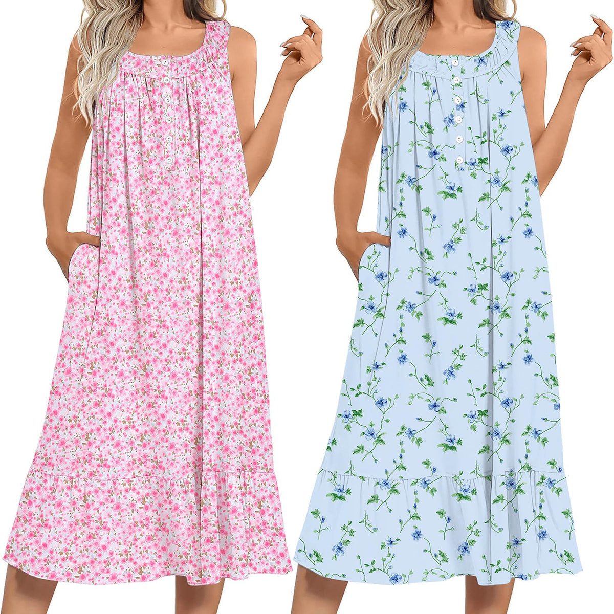 Ekouaer 2 Pack Nightgowns for Women Sleeveless Long Night Gowns Victorian Nightdress with Pockets Soft Ladies Gown