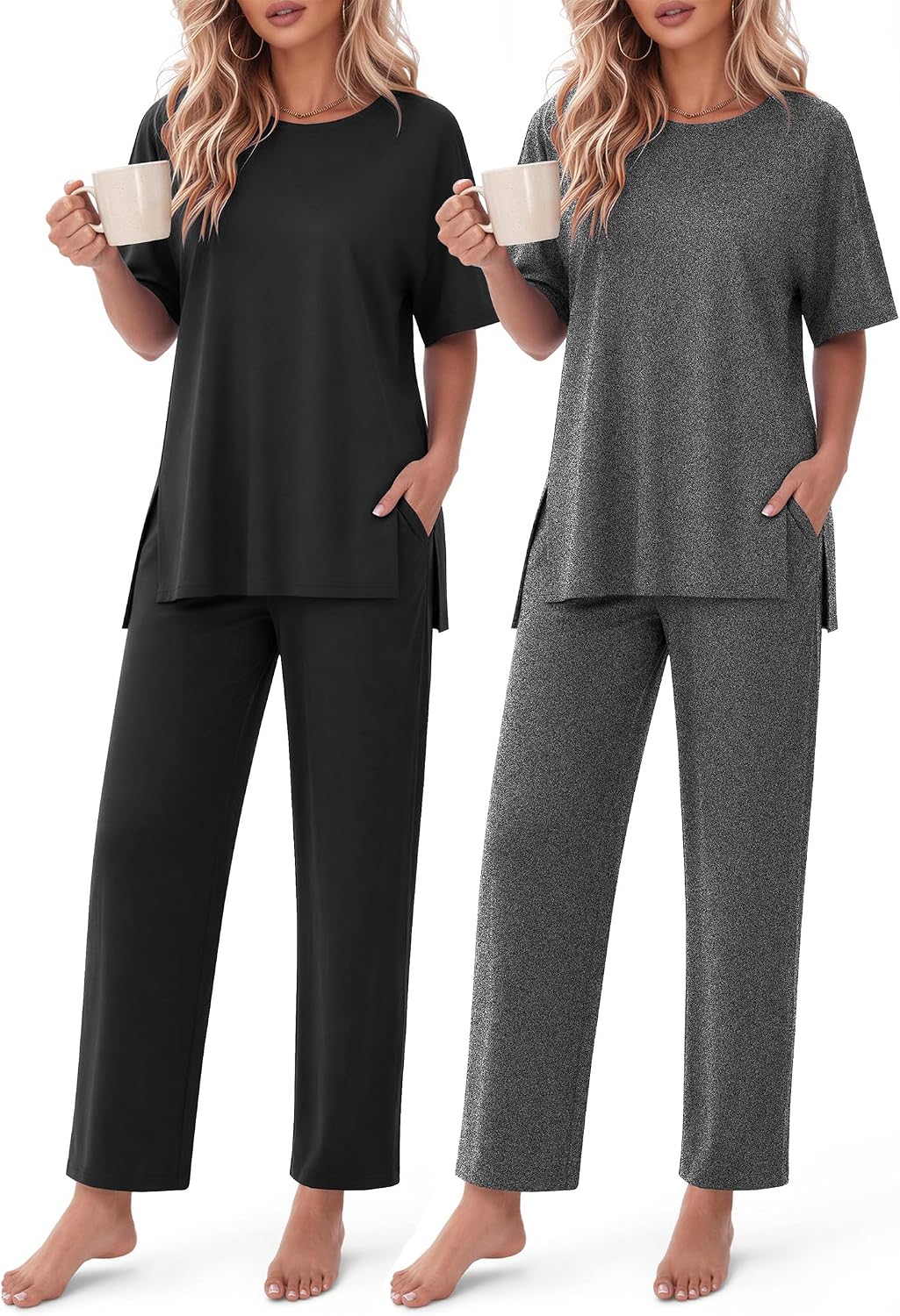 Ekouaer Women's Lounge Sets Short Sleeve Top Long Pants 2 Piece Outfit Set