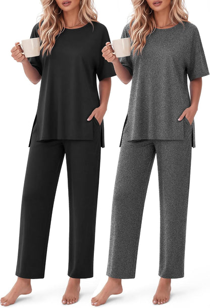 Ekouaer Women's Lounge Sets Short Sleeve Top Long Pants 2 Piece Outfit Set