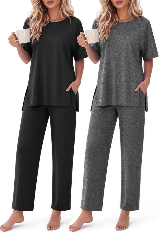 Ekouaer Women's Lounge Sets Short Sleeve Top Long Pants 2 Piece Outfit Set