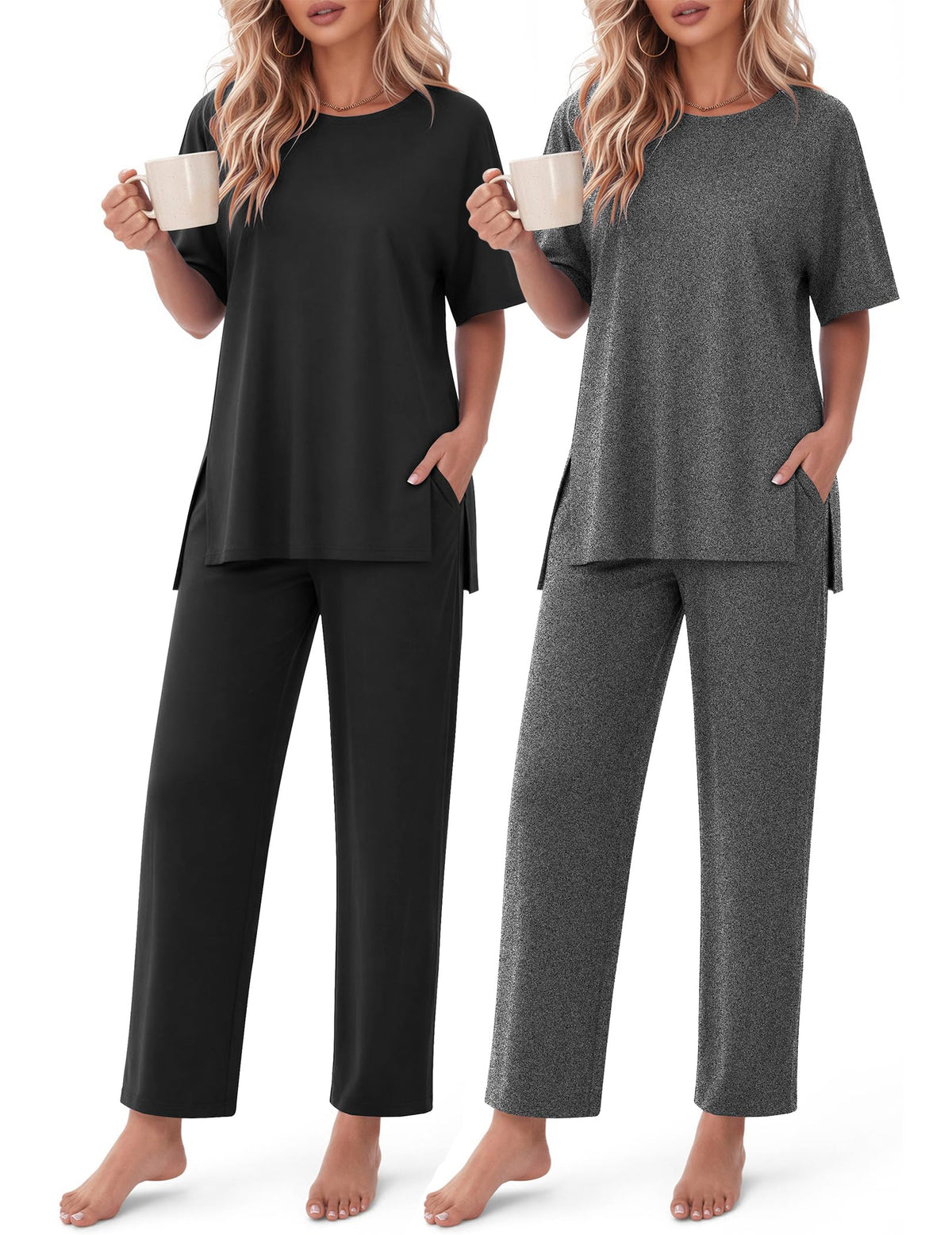 Ekouaer Women's Lounge Sets Short Sleeve Top Long Pants 2 Piece Outfit Set