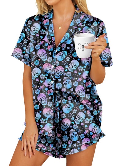 HOTOUCH Womens Satin Pajamas Set Button Down 2 Piece Ruffle Shorts Set