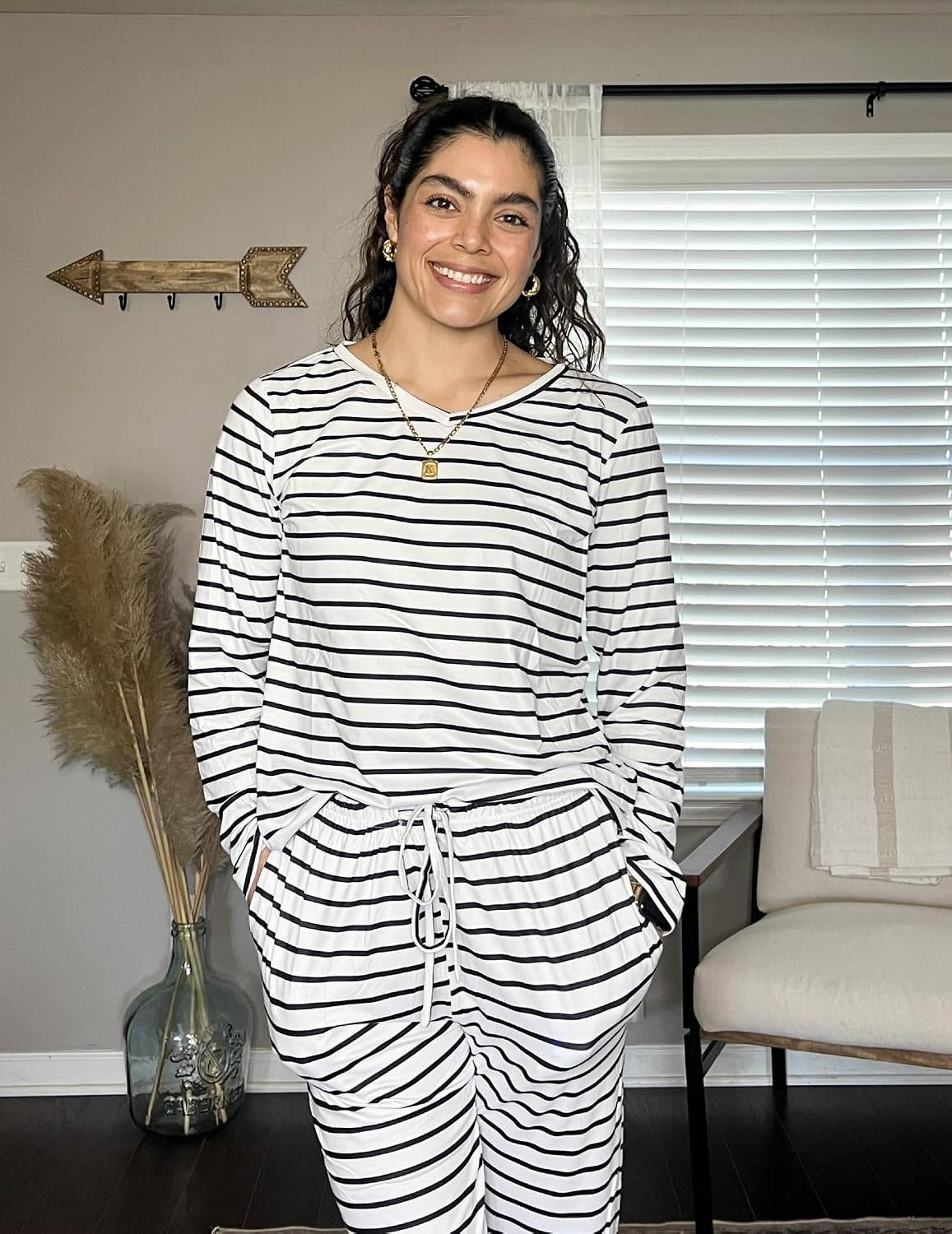 Ekouaer Women's 2 Pack Long Sleeve Pajama Sets V Neck Lounge Sets