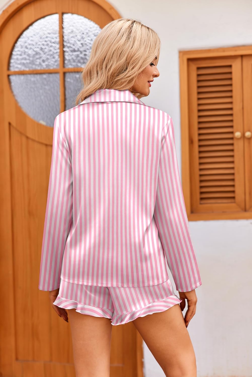 Ekouaer Womens Satin Pajama Sets Cute Button Down Silk Pjs with Ruffle