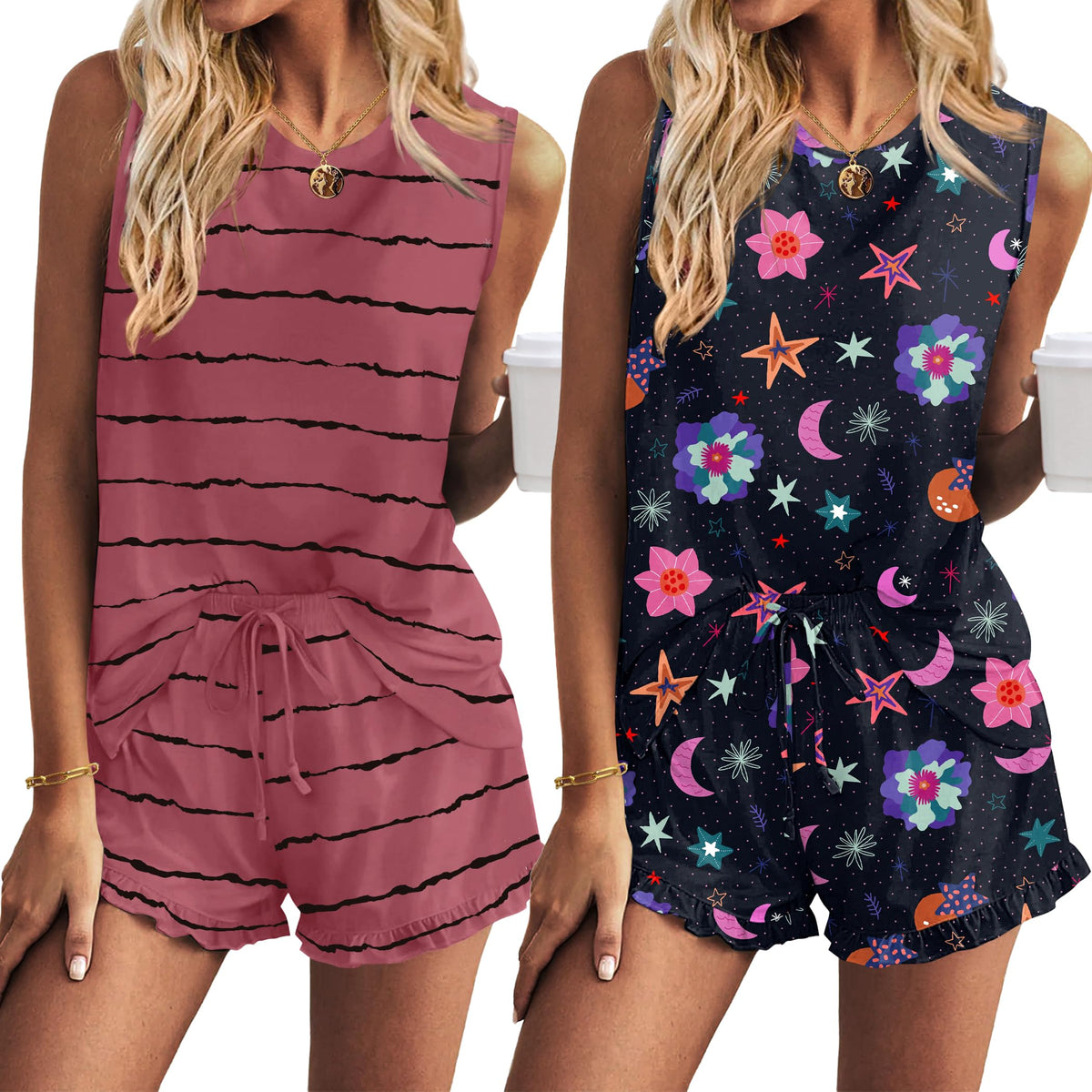 Ekouaer Women Lightweight Summer Pajama Soft Pj Set Sleepwear Tank Top Shorts with Pocket Loungewear Set S-XXL
