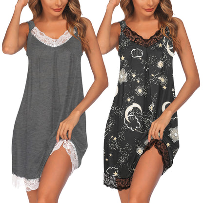 Ekouaer 2 Pack Night Gowns for Adult Women V Neck Lace Sleeveless Sleepwear