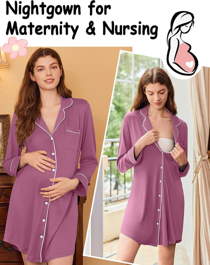 Ekouaer Nightgowns for Women Long Sleeve Night Gown Button Pajama Dress