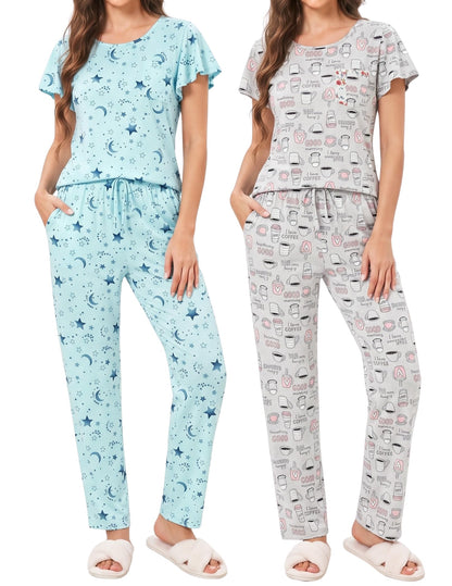 Ekouaer Pajamas for Women Set 2 Piece Comfy Loungewear, Lightweight Pjs Sleepwear, Short Sleeve Top & Long Pants with Pockets
