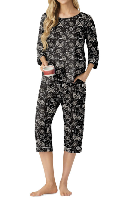 PrinStory Womens Pajama Sets Capri Pjs Soft Lounge Sets XS-4XL