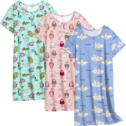 Ekouaer 3 Pack Women's Sleepshirts Soft Sleepwear Short Sleeve T-Shirt Nightgowns Casual Sleepdress Nightshirts