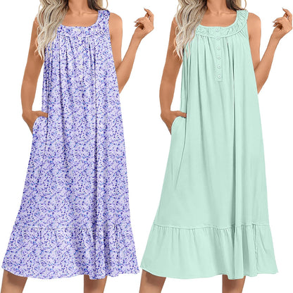 Ekouaer 2 Pack Nightgowns for Women Sleeveless Long Night Gowns Victorian Nightdress with Pockets Soft Ladies Gown