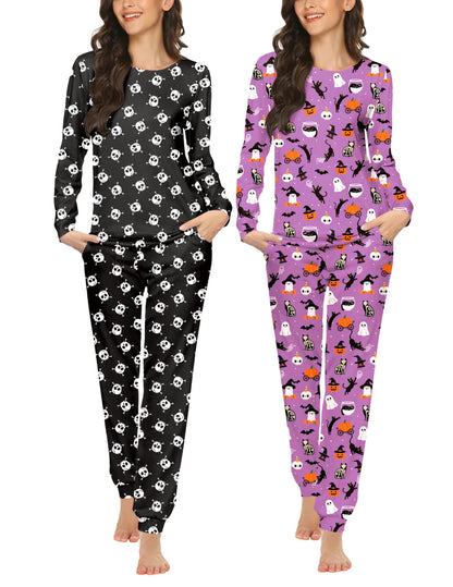 Ekouaer 2 Pack Pajama Sets for Women,Long Sleeve Top Jogger Pant Loungewear