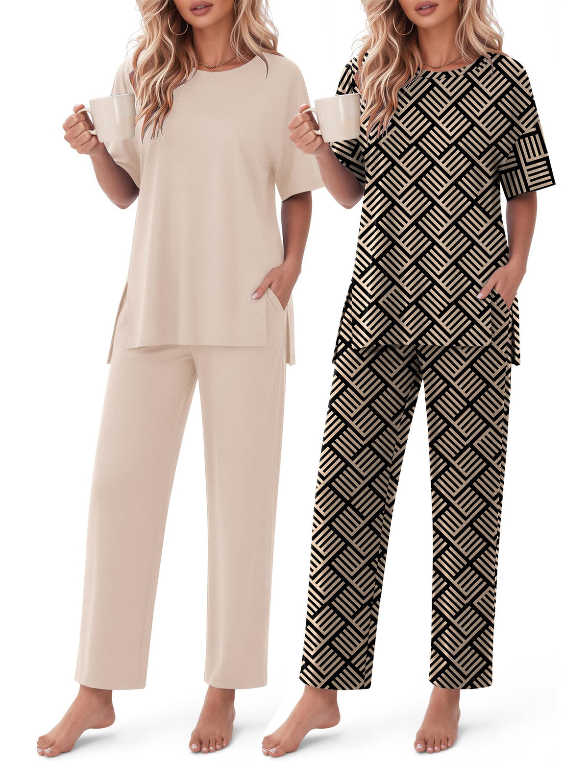 Ekouaer Women's Lounge Sets Short Sleeve Top Long Pants 2 Piece Outfit Set