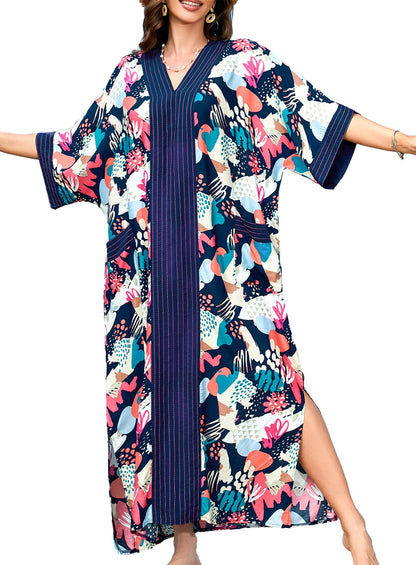 cthseie Women's Kaftan Dress Plus Size V-Neck Pocket Lightweight Swimwear Coverups Moomoo Nightgown Beach Loungewear