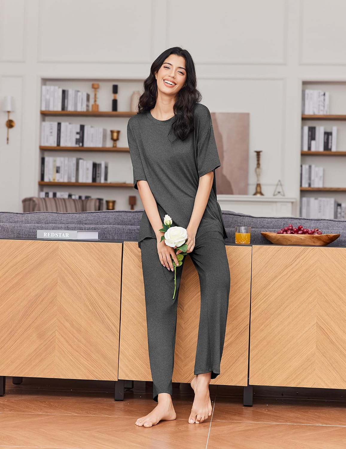 Ekouaer Women's Lounge Sets Short Sleeve Top Long Pants 2 Piece Outfit Set