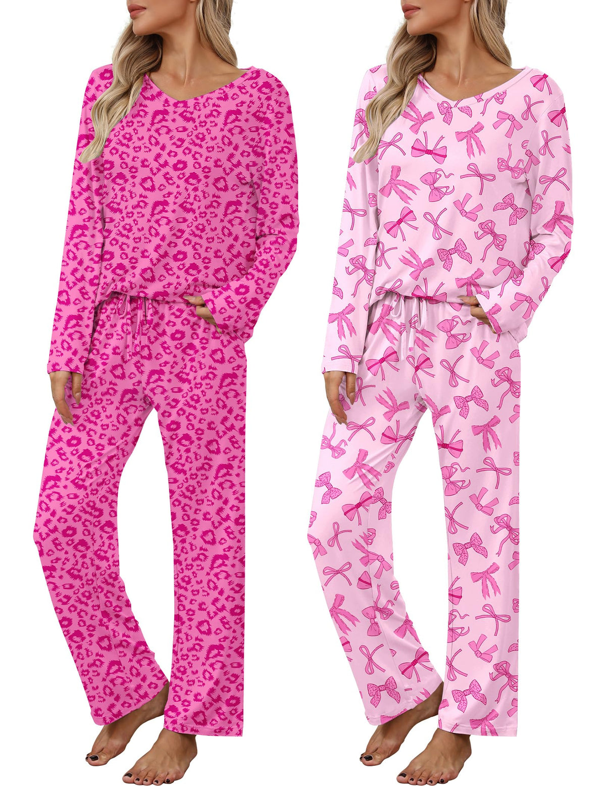 Ekouaer Women's 2 Pack Long Sleeve Pajama Sets V Neck Lounge Sets