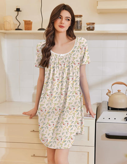 Ekouaer Nightgowns for Women Pleated Sleep Shirts Short Sleeve Night Shirts