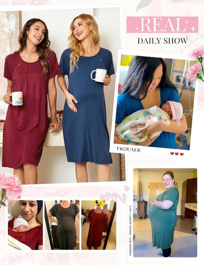 Ekouaer Women’s Nursing/Delivery/Labor/Hospital Nightdress Short Sleeve Maternity Nightgown with Button S-XXL