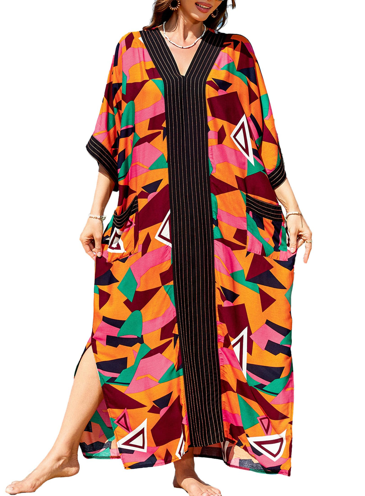 cthseie Women's Kaftan Dress Plus Size V-Neck Pocket Lightweight Swimwear Coverups Moomoo Nightgown Beach Loungewear