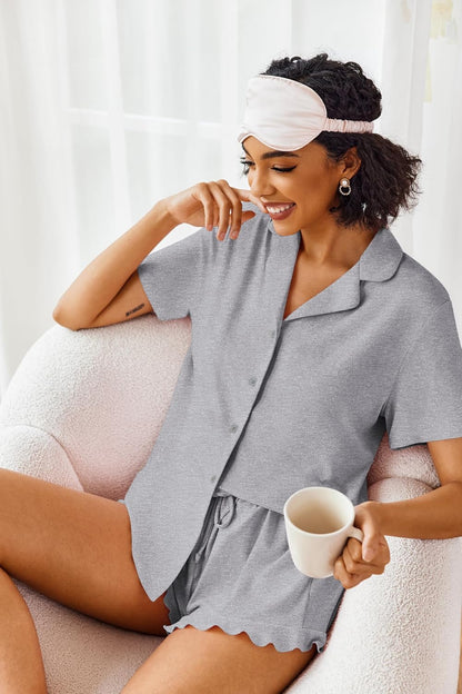 Ekouaer Pajamas Set for Women Short Sleeve Sleepwear Button Down Ruffle Pjs