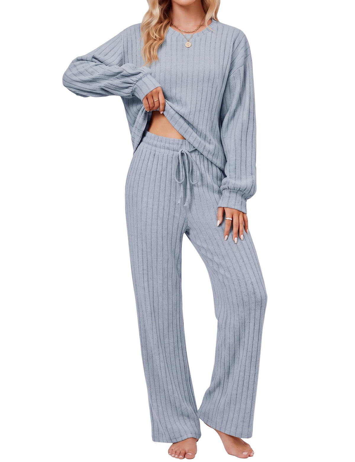 Blooming Jelly Women Ribbed Long Sleeve Pajama Sets Fall Loungewear Pockets