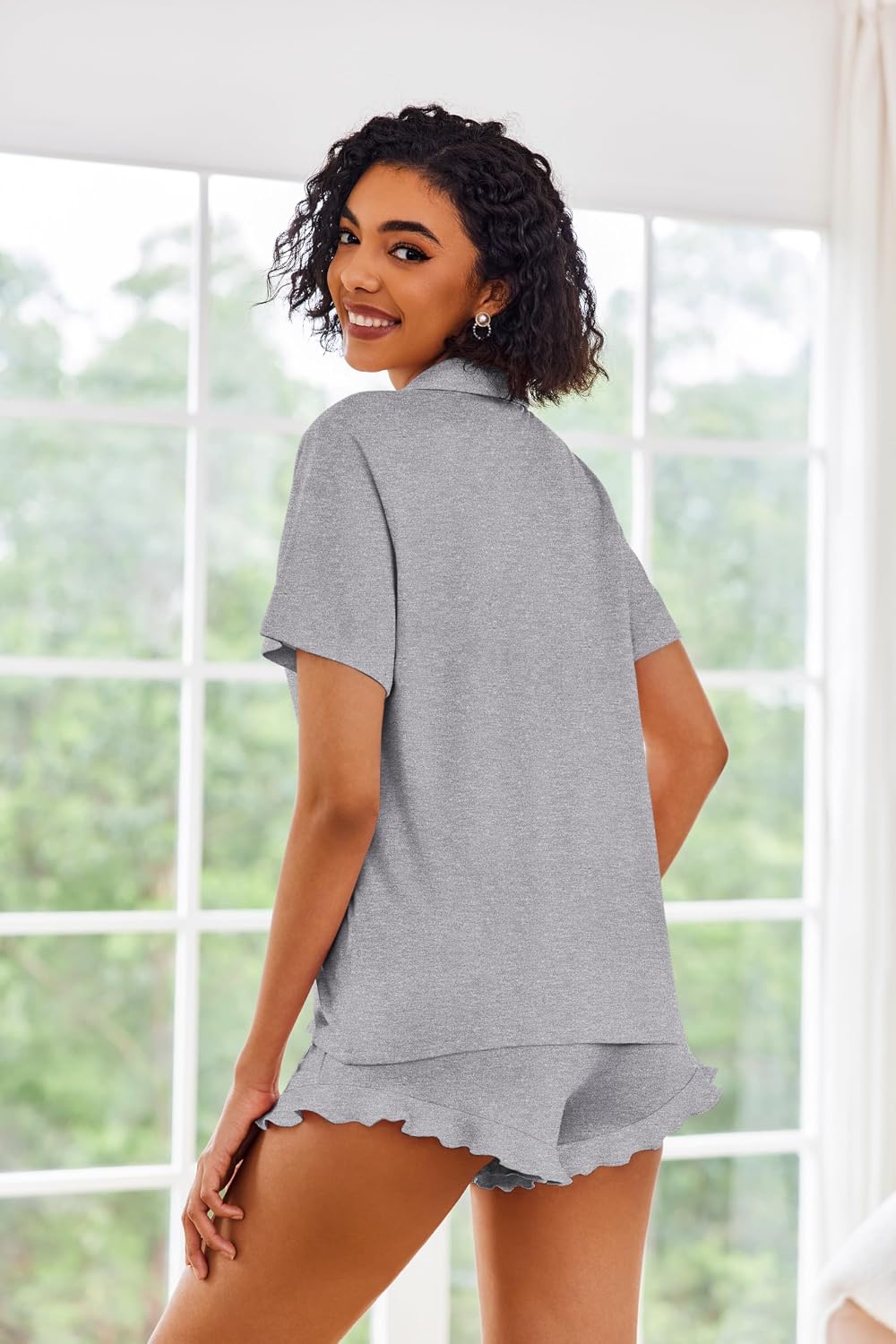 Ekouaer Pajamas Set for Women Short Sleeve Sleepwear Button Down Ruffle Pjs