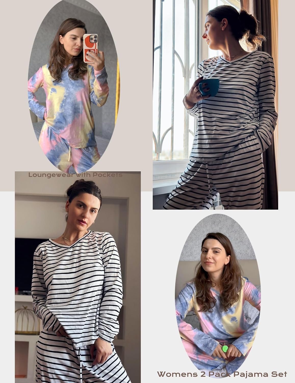 Ekouaer Women's 2 Pack Long Sleeve Pajama Sets V Neck Lounge Sets