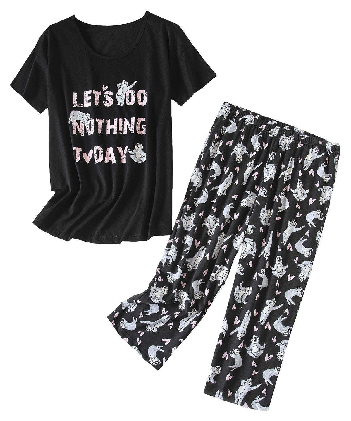 PNAEONG Womens Pajama Set Cotton Short Sleeve Top with Capri Pants Soft Pjs