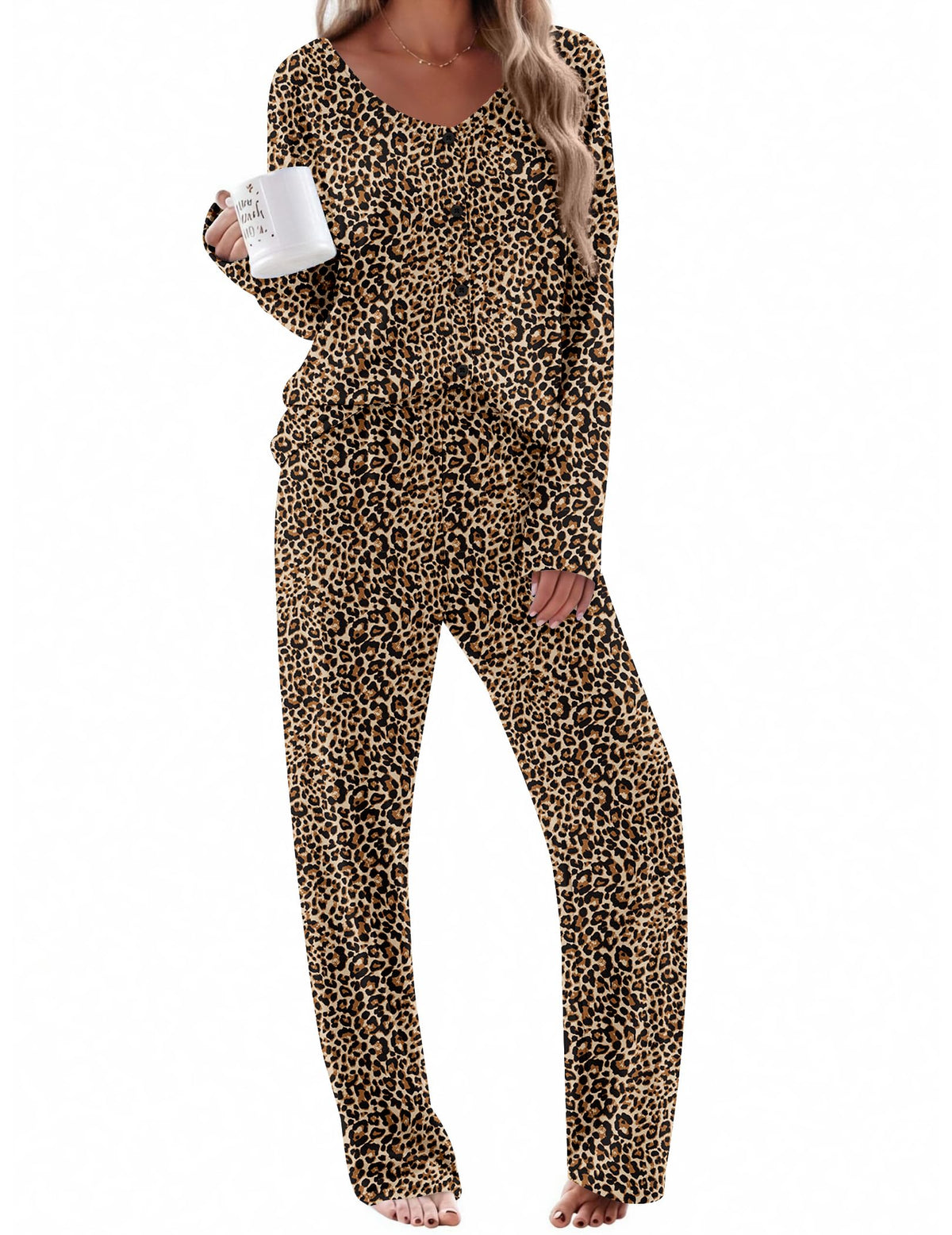 Ekouaer Womens Pajama Sets Button Up Long Sleeve Lounge Set Soft V Neck Pj