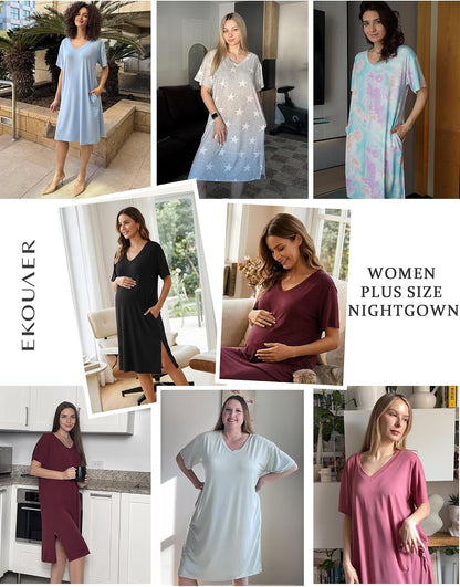 Ekouaer Womens Plus Size Nightgown Bamboo Viscose Short Sleeve Sleepshirt