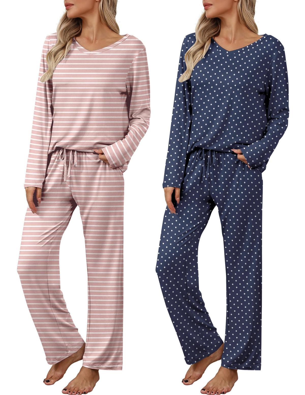 Ekouaer Women's 2 Pack Long Sleeve Pajama Sets V Neck Lounge Sets