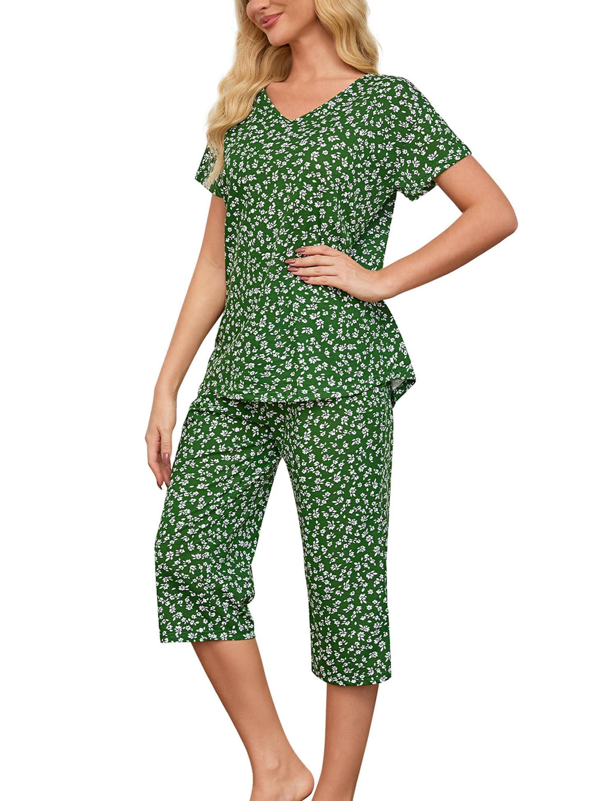 ENJOYNIGHT Womens Pajama Set Cotton Short Sleeve Top With Capri Pants Pj