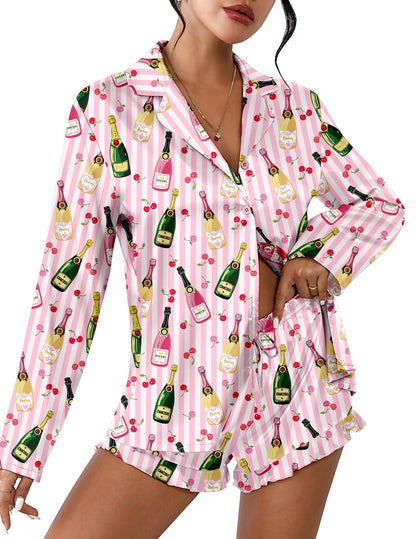 Ekouaer Womens Satin Pajama Sets Cute Button Down Silk Pjs with Ruffle