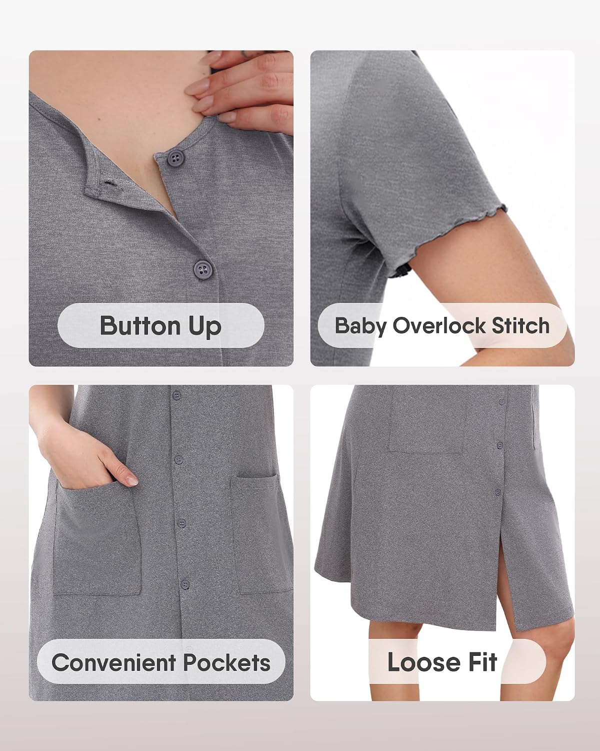 ZOOSIXX Nightgowns for Women - Short Sleeve Sleepwear Button Up Pajamas for Women V-Neck Sleepwear Dress with Pockets