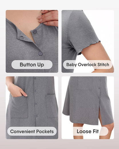 ZOOSIXX Nightgowns for Women - Short Sleeve Sleepwear Button Up Pajamas for Women V-Neck Sleepwear Dress with Pockets