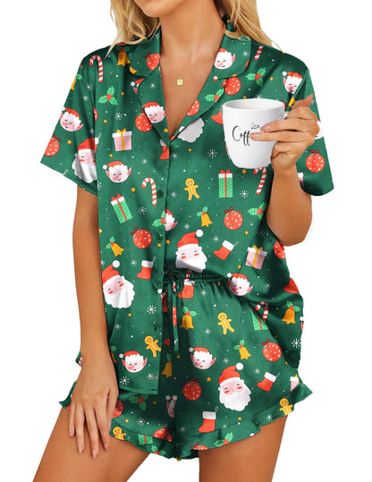 HOTOUCH Womens Satin Pajamas Set Button Down 2 Piece Ruffle Shorts Set