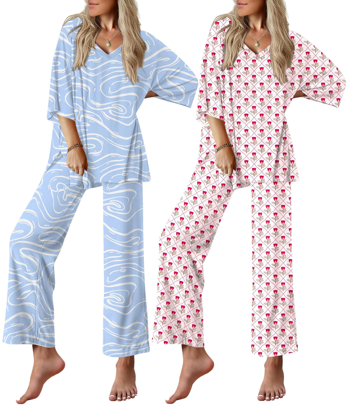 Ekouaer 2 Packs Lounge Set for Women Short Sleeve Pajamas Top and Long Pant
