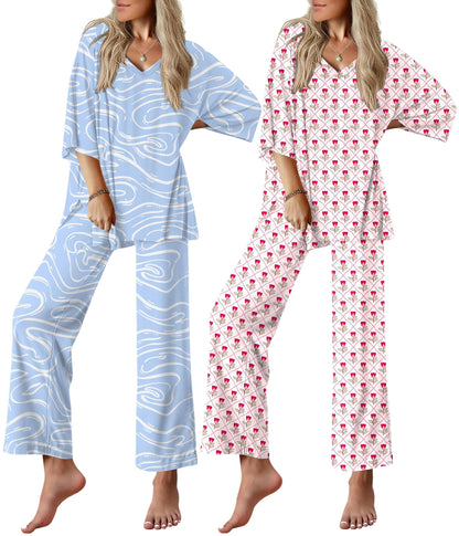 Ekouaer 2 Packs Lounge Set for Women Short Sleeve Pajamas Top and Long Pant