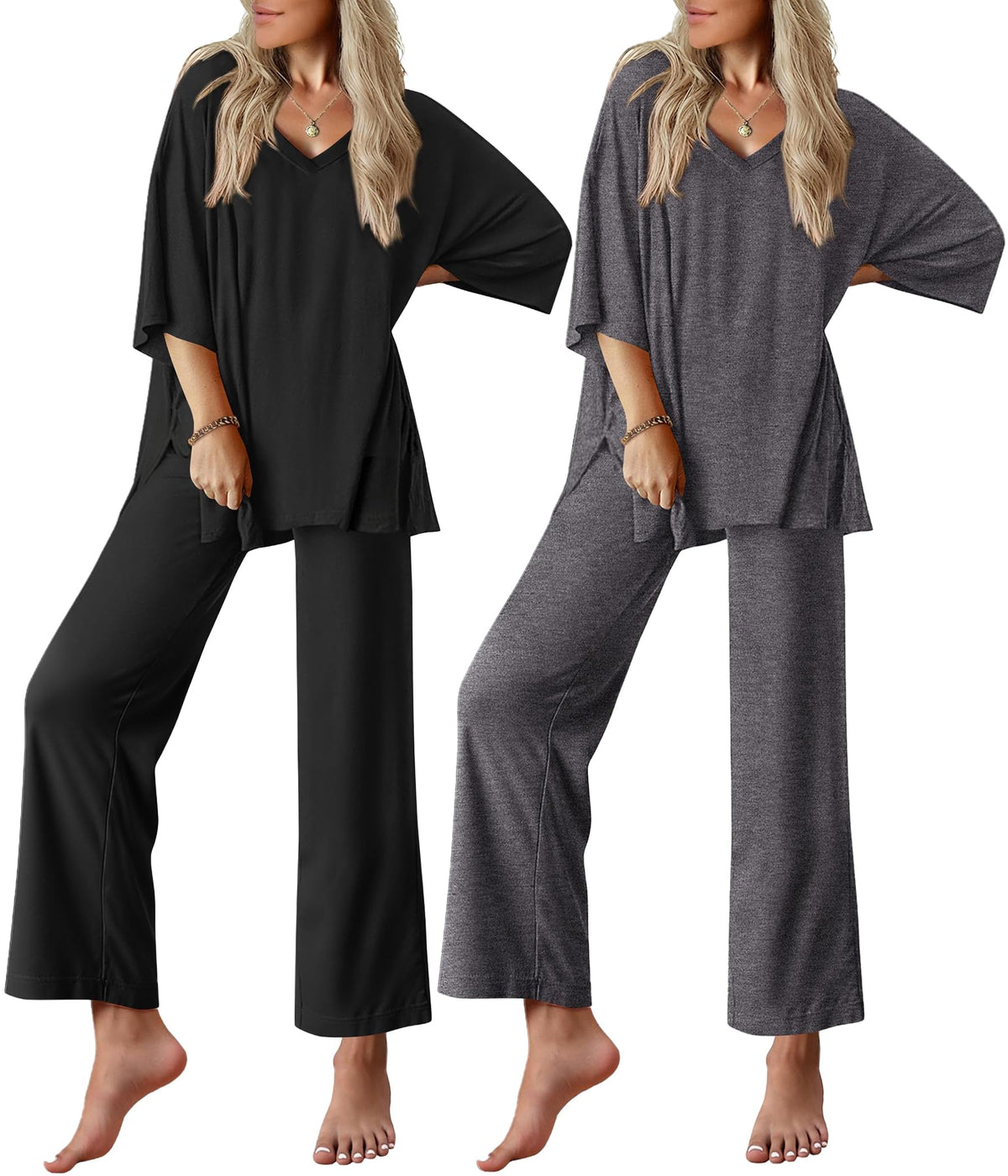 Ekouaer 2 Packs Lounge Set for Women Short Sleeve Pajamas Top and Long Pant
