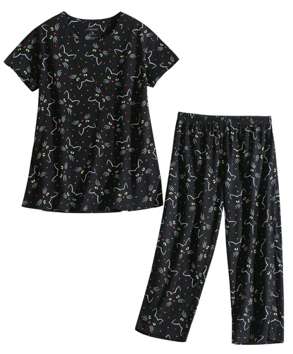 PNAEONG Womens Pajama Set Cotton Short Sleeve Top with Capri Pants Soft Pjs