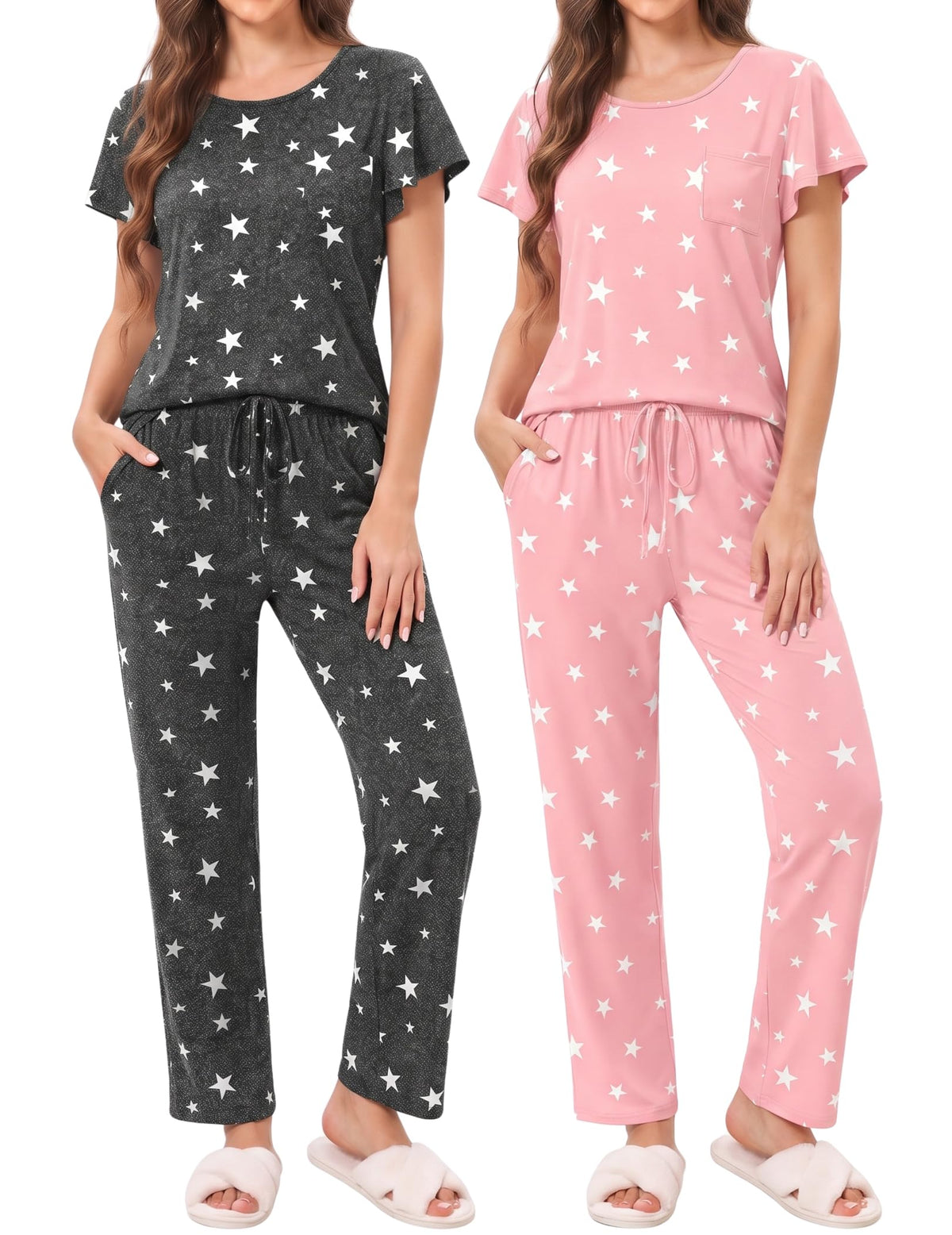 Ekouaer Pajamas for Women Set 2 Piece Comfy Loungewear, Lightweight Pjs Sleepwear, Short Sleeve Top & Long Pants with Pockets