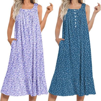 Ekouaer 2 Pack Nightgowns for Women Sleeveless Long Night Gowns Victorian Nightdress with Pockets Soft Ladies Gown