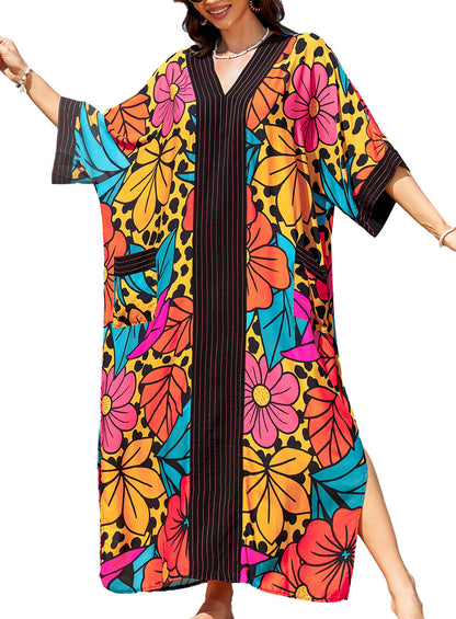 cthseie Women's Kaftan Dress Plus Size V-Neck Pocket Lightweight Swimwear Coverups Moomoo Nightgown Beach Loungewear