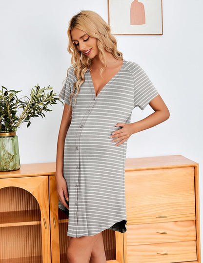 Ekouaer 3 Pack Women's Nightshirt Button Down Nightgown Short Sleeve Sleepshirt V Neck Pajama Dress with Pockets