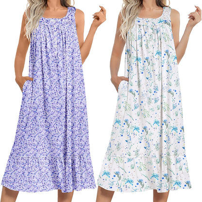 Ekouaer 2 Pack Nightgowns for Women Sleeveless Long Night Gowns Victorian Nightdress with Pockets Soft Ladies Gown